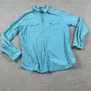 Marc Anthony Shirt Mens Large Blue Long Sleeve Linen Cotton Slim Fit Button Up